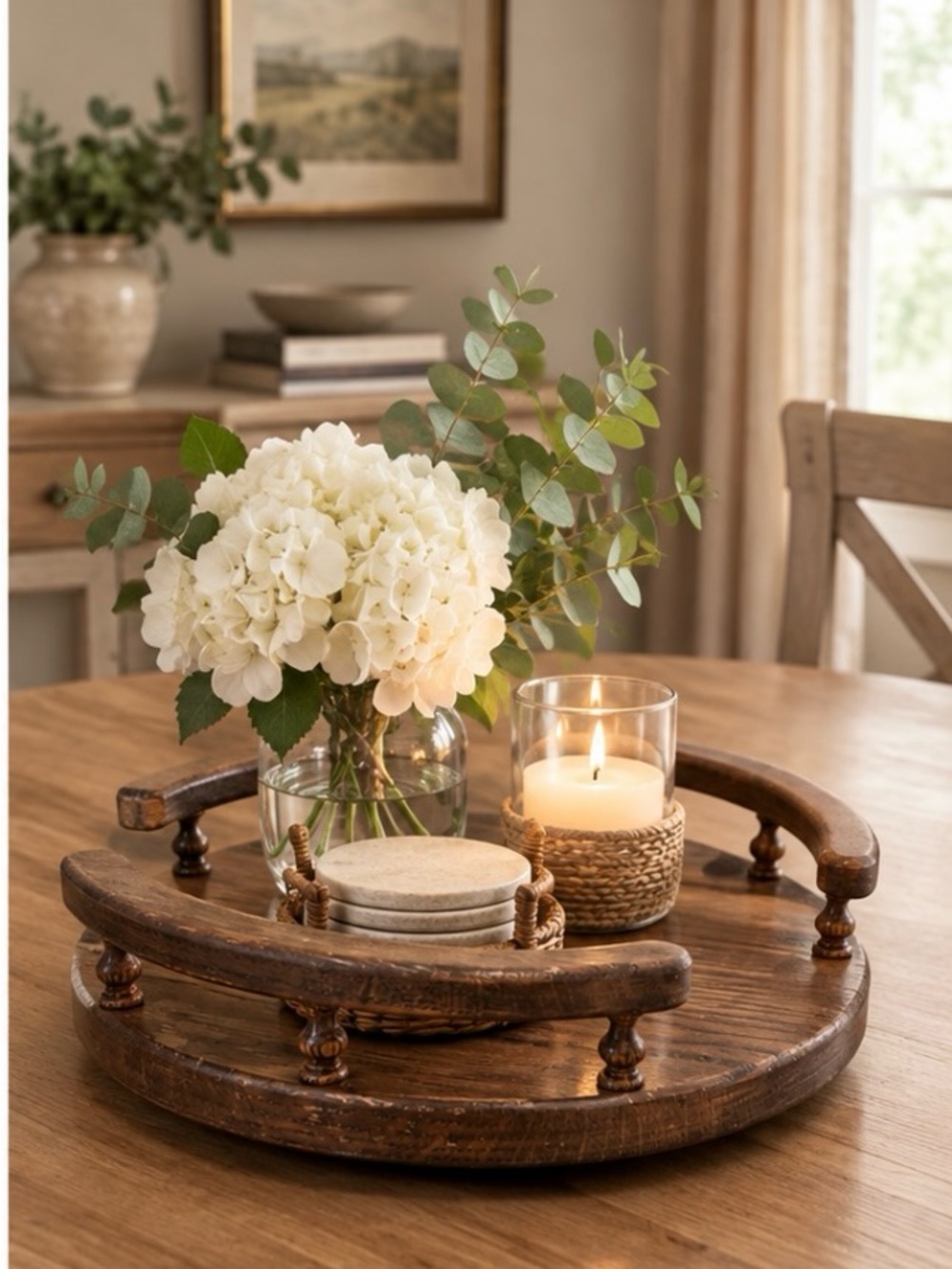 Vintage Rustic Solid Wooden Round Lazy Susan Serving Tray Spindle Rail Turntable